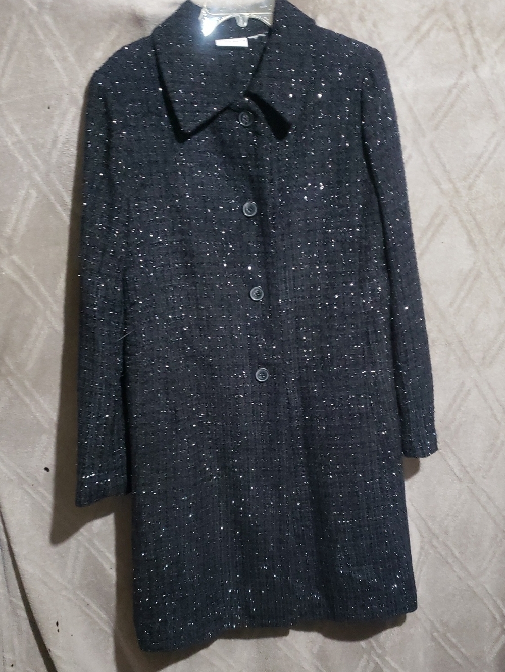 Jaclyn Smith Black Sparkle Tweed Pea Coat